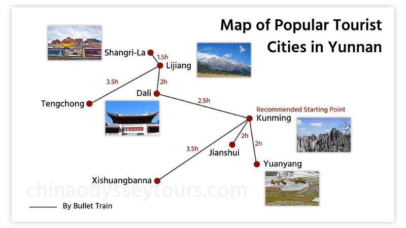 A map of popular tourist cities in Yunnan