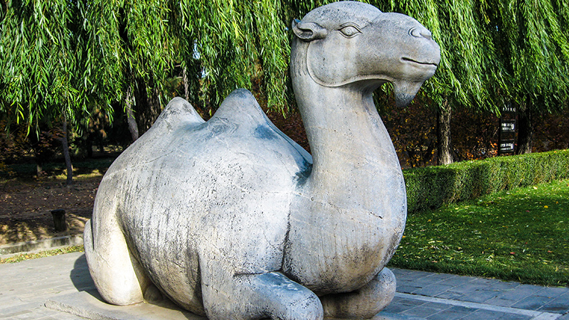 A closer look at the camel statue on the Sacred Way