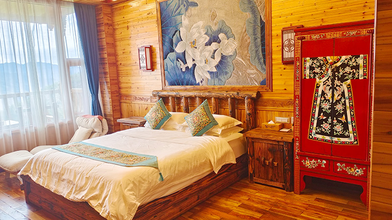 A hotel room with traditional decorations