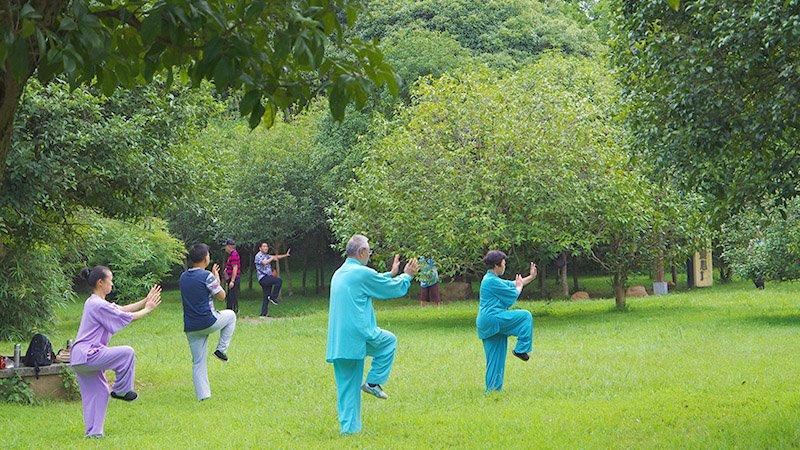 People play Tai Chi in a park in Guilin